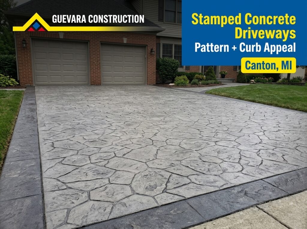 Close-up of stamped concrete pattern on a residential driveway in Canton MI